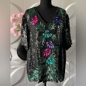 Vintage Women's Stenay All Over Sequin Floral & Leaf Blouse Size 1 X